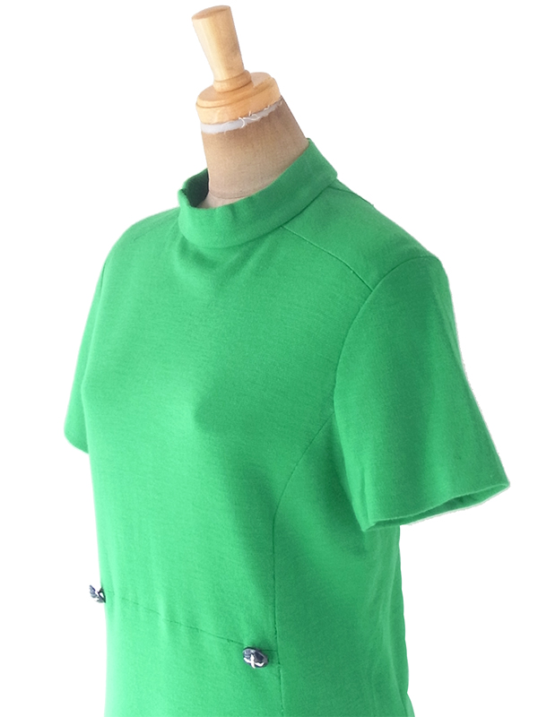 ヨーロッパ古着 ロンドン買い付け 60年代製 グリーン X ファネルネック 飾りボタン・ポケット付き ワンピース 20OM016