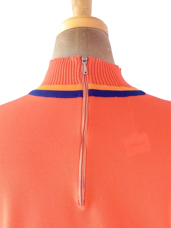 ヨーロッパ古着 ロンドン買い付け 70年代製 ブラッドオレンジ X ブルー・オレンジ縁取り リブ袖・襟 レトロ ワンピース 20OM100