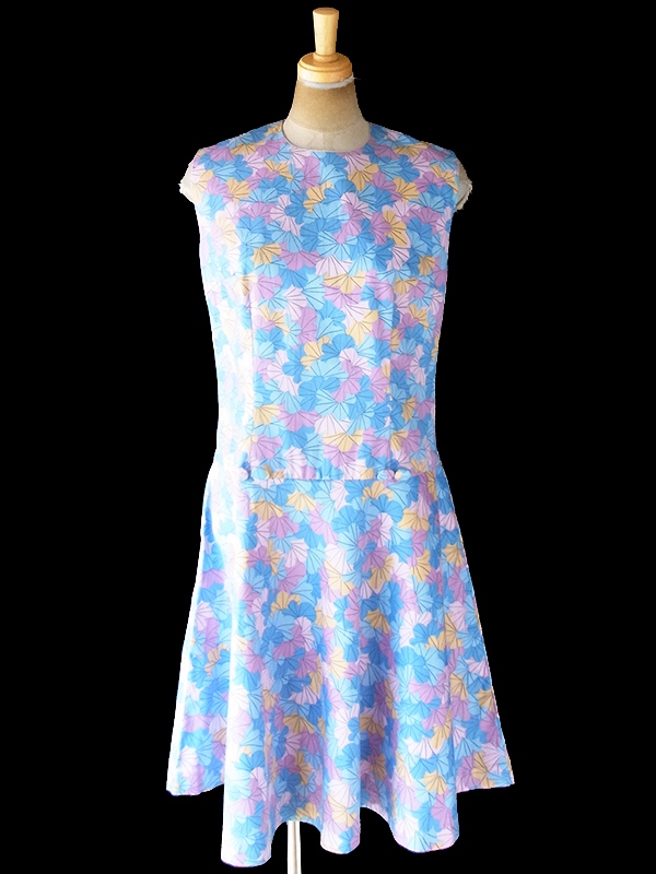 ヨーロッパ古着 ロンドン買い付け 70年代製 水色 X ピンク・パープル・イエロー 花柄プリント フレア ワンピース 20OM200