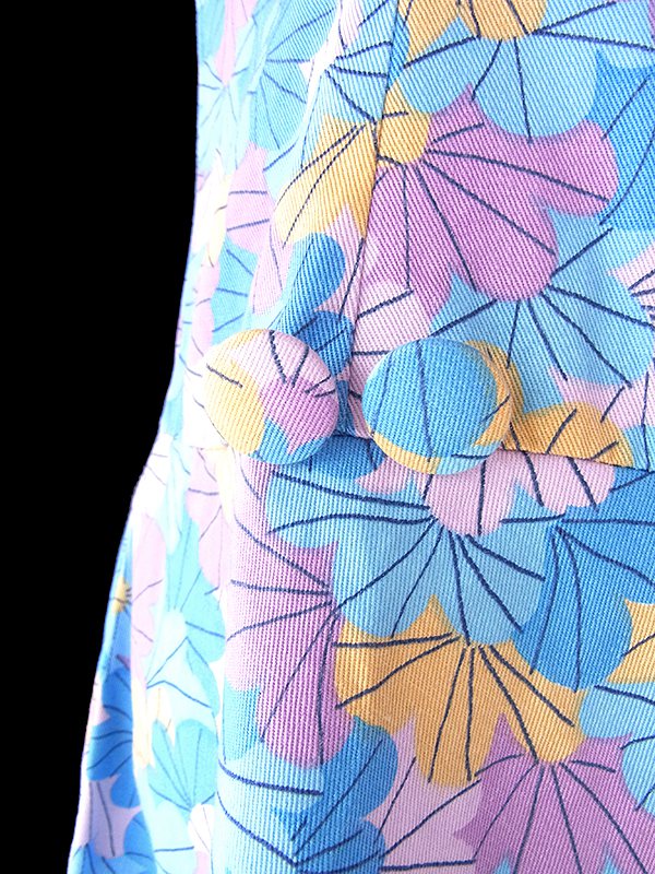 ヨーロッパ古着 ロンドン買い付け 70年代製 水色 X ピンク・パープル・イエロー 花柄プリント フレア ワンピース 20OM200