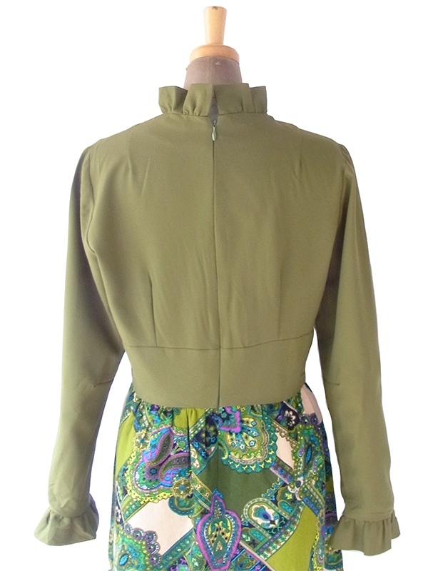 ヨーロッパ古着 ロンドン買い付け 70年代製 カーキ X レトロ柄 生地切り返し ギャザーフリル ワンピース 20OM201