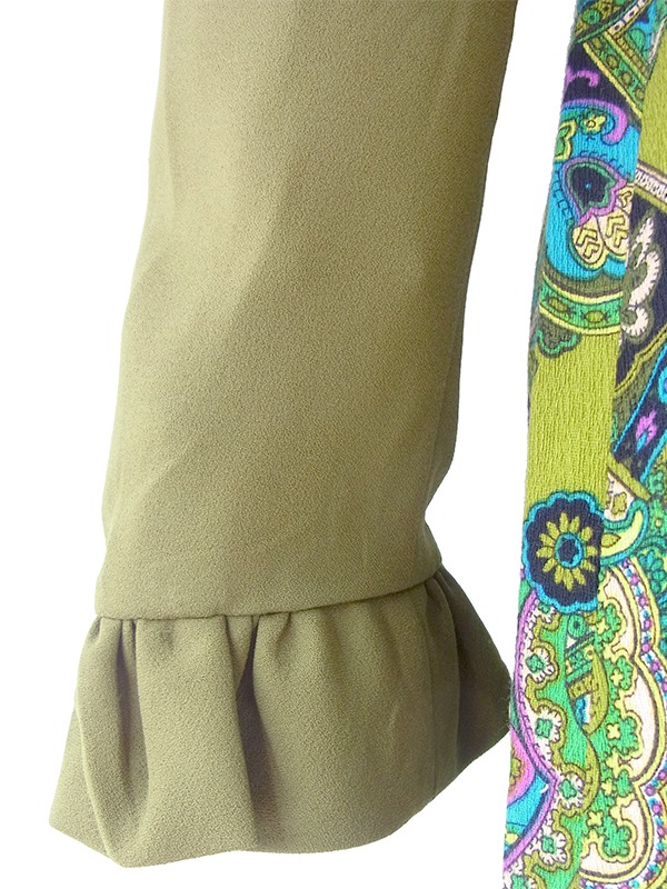 ヨーロッパ古着 ロンドン買い付け 70年代製 カーキ X レトロ柄 生地切り返し ギャザーフリル ワンピース 20OM201