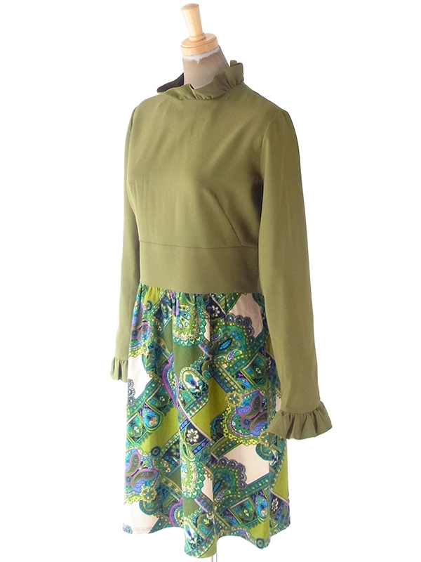 ヨーロッパ古着 ロンドン買い付け 70年代製 カーキ X レトロ柄 生地切り返し ギャザーフリル ワンピース 20OM201