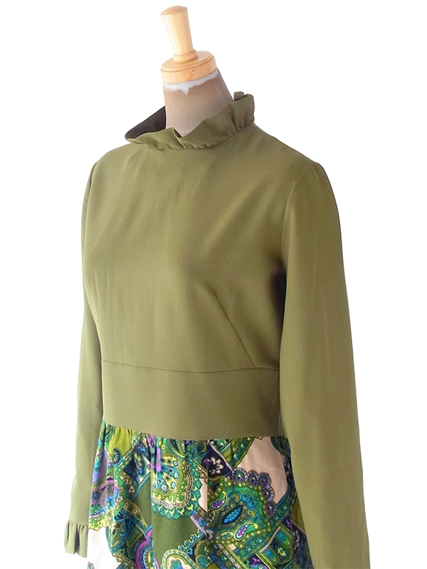 ヨーロッパ古着 ロンドン買い付け 70年代製 カーキ X レトロ柄 生地切り返し ギャザーフリル ワンピース 20OM201