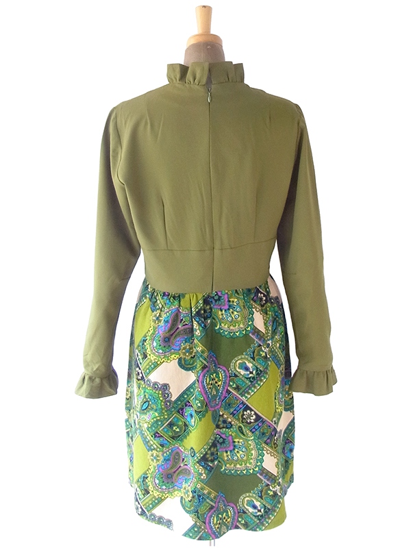 ヨーロッパ古着 ロンドン買い付け 70年代製 カーキ X レトロ柄 生地切り返し ギャザーフリル ワンピース 20OM201