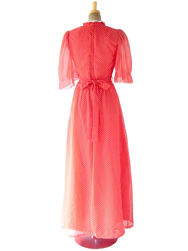 ヨーロッパ古着 ロンドン買い付け 70年代製 レッド X ホワイト 水玉・レーステープ 共布ベルト ロング ワンピース 20OM203