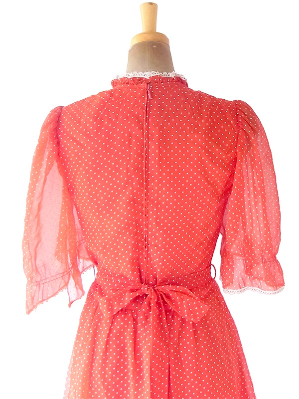 ヨーロッパ古着 ロンドン買い付け 70年代製 レッド X ホワイト 水玉・レーステープ 共布ベルト ロング ワンピース 20OM203