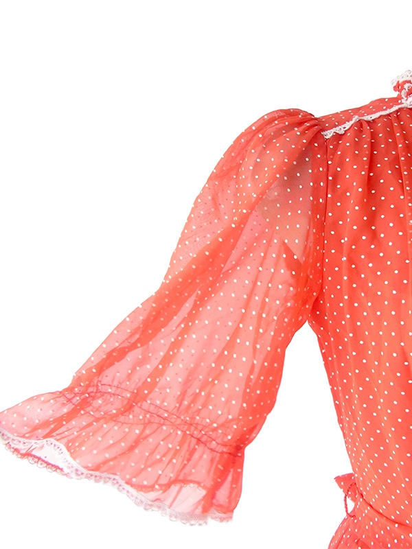 ヨーロッパ古着 ロンドン買い付け 70年代製 レッド X ホワイト 水玉・レーステープ 共布ベルト ロング ワンピース 20OM203