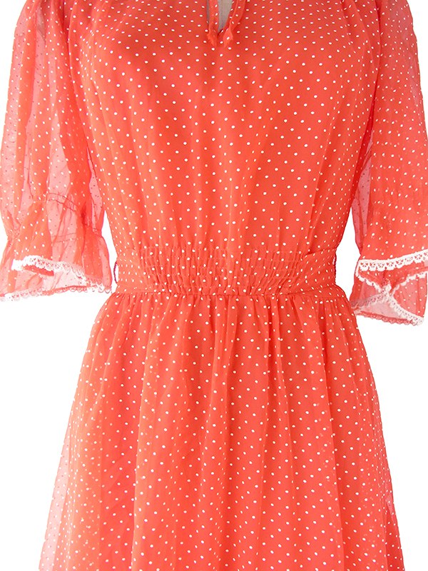 ヨーロッパ古着 ロンドン買い付け 70年代製 レッド X ホワイト 水玉・レーステープ 共布ベルト ロング ワンピース 20OM203