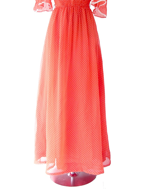 ヨーロッパ古着 ロンドン買い付け 70年代製 レッド X ホワイト 水玉・レーステープ 共布ベルト ロング ワンピース 20OM203