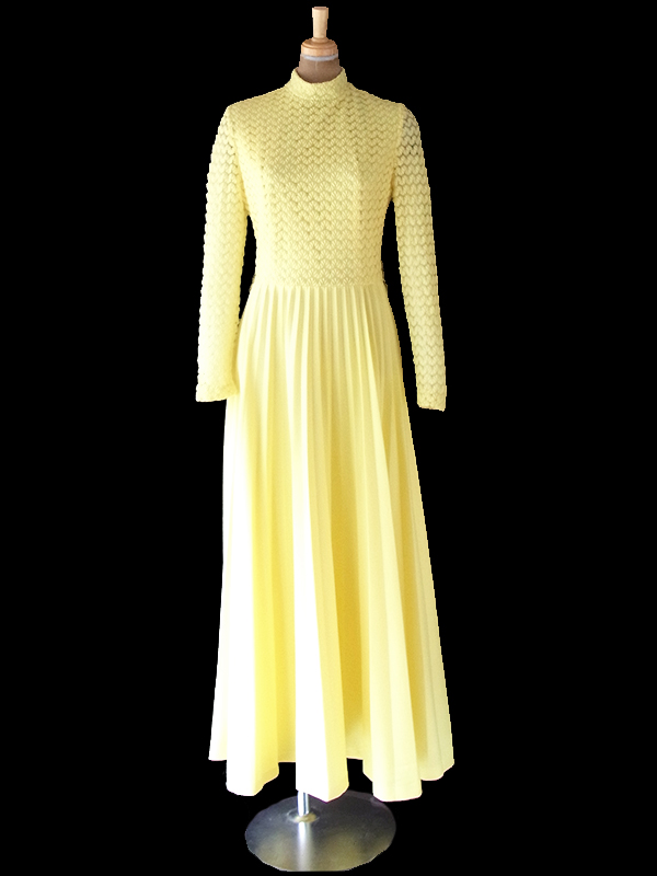 ヨーロッパ古着 ロンドン買い付け 70年代製 イエロー X レース編み アンブレラプリーツ マキシ ワンピース 20OM207