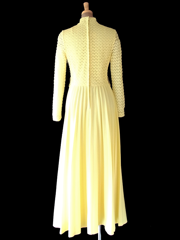 ヨーロッパ古着 ロンドン買い付け 70年代製 イエロー X レース編み アンブレラプリーツ マキシ ワンピース 20OM207