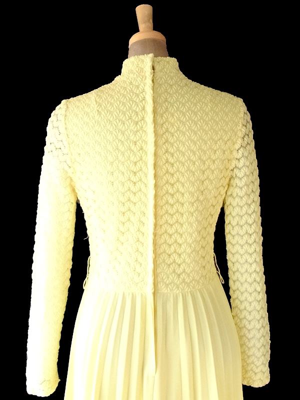 ヨーロッパ古着 ロンドン買い付け 70年代製 イエロー X レース編み アンブレラプリーツ マキシ ワンピース 20OM207