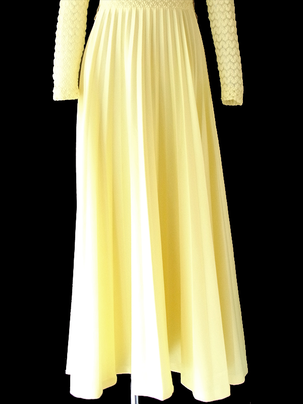 ヨーロッパ古着 ロンドン買い付け 70年代製 イエロー X レース編み アンブレラプリーツ マキシ ワンピース 20OM207