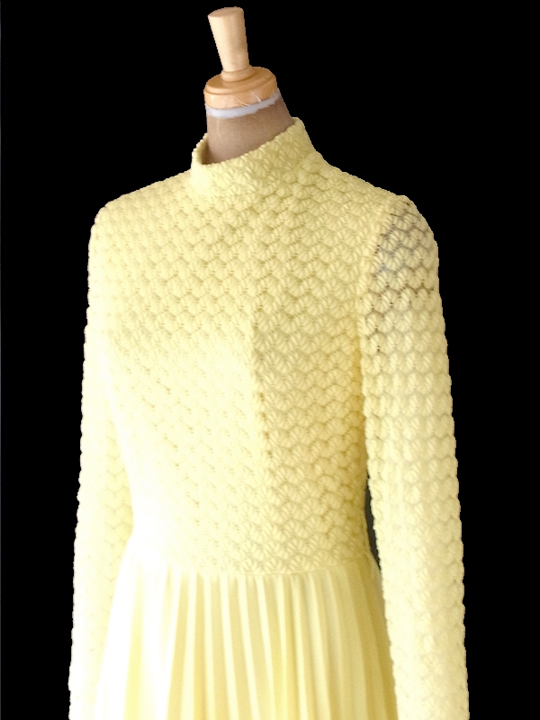 ヨーロッパ古着 ロンドン買い付け 70年代製 イエロー X レース編み アンブレラプリーツ マキシ ワンピース 20OM207