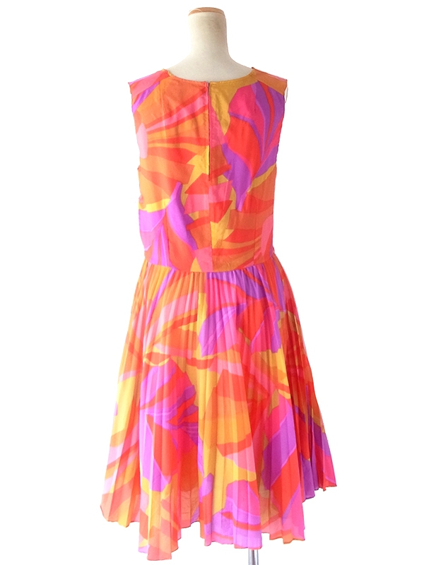 ロンドン買付け 70年代製  カラフル レトロサイケ柄 ヴィンテージ プリーツ ワンピース 2OM008