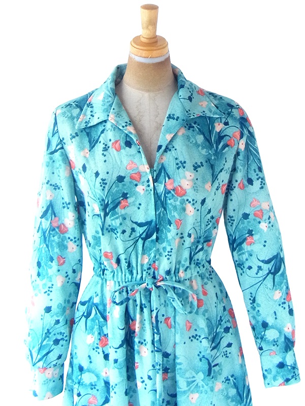 ヨーロッパ古着 ロンドン買い付け 70年代製 水色 X ブルー・オレンジ 花柄 フロントジップ  レトロ ワンピース 20OM400