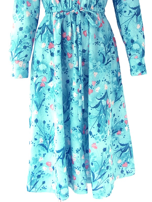 ヨーロッパ古着 ロンドン買い付け 70年代製 水色 X ブルー・オレンジ 花柄 フロントジップ レトロ ワンピース 20OM400