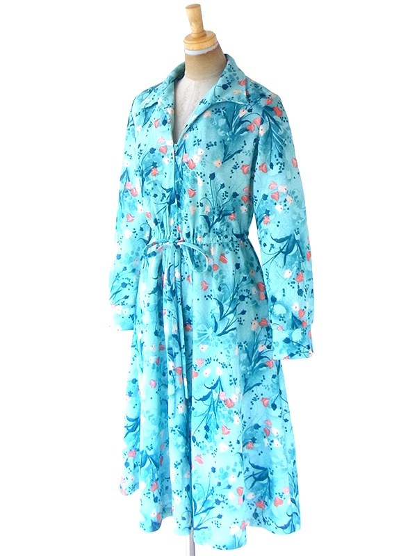 ヨーロッパ古着 ロンドン買い付け 70年代製 水色 X ブルー・オレンジ 花柄 フロントジップ レトロ ワンピース 20OM400