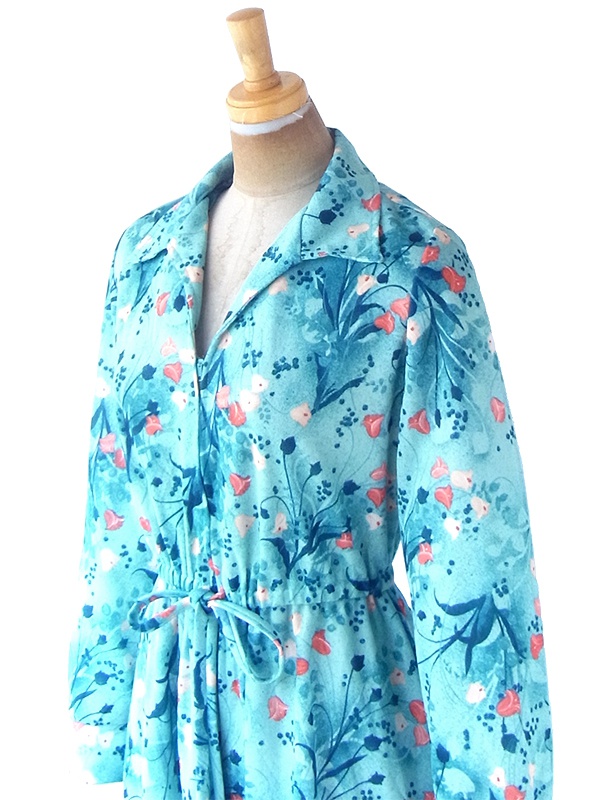 ヨーロッパ古着 ロンドン買い付け 70年代製 水色 X ブルー・オレンジ 花柄 フロントジップ レトロ ワンピース 20OM400