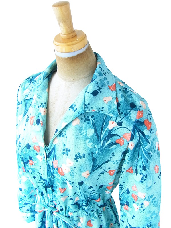 ヨーロッパ古着 ロンドン買い付け 70年代製 水色 X ブルー・オレンジ 花柄 フロントジップ レトロ ワンピース 20OM400