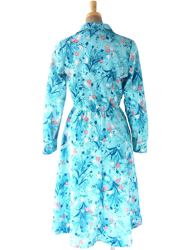 ヨーロッパ古着 ロンドン買い付け 70年代製 水色 X ブルー・オレンジ 花柄 フロントジップ レトロ ワンピース 20OM400