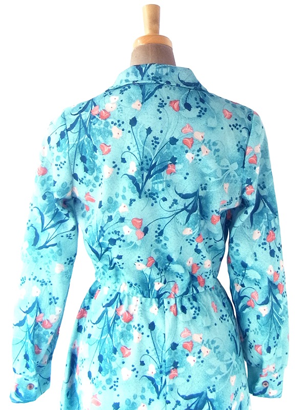 ヨーロッパ古着 ロンドン買い付け 70年代製 水色 X ブルー・オレンジ 花柄 フロントジップ レトロ ワンピース 20OM400