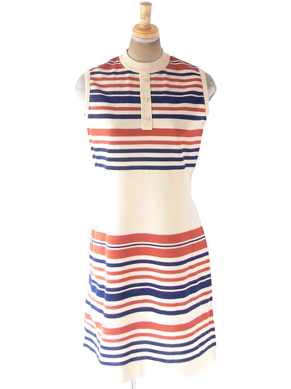 ヨーロッパ古着 70年代イギリス製 St.Michael クリーム色 X オレンジ・ネイビー ボーダー ワンピース 20OM401