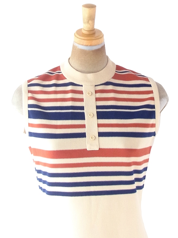 ヨーロッパ古着 70年代イギリス製 St.Michael クリーム色 X オレンジ・ネイビー ボーダー ワンピース 20OM401