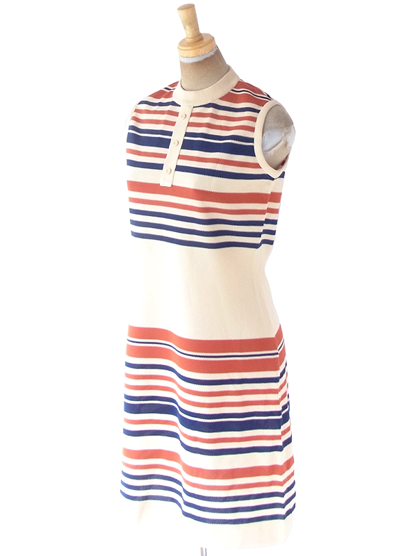ヨーロッパ古着 70年代イギリス製 St.Michael クリーム色 X オレンジ・ネイビー ボーダー ワンピース 20OM401