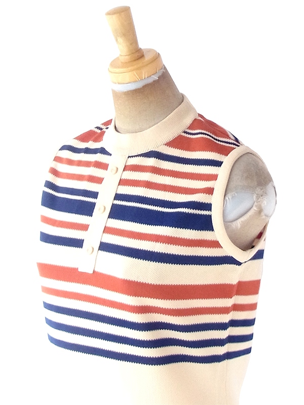 ヨーロッパ古着 70年代イギリス製 St.Michael クリーム色 X オレンジ・ネイビー ボーダー ワンピース 20OM401