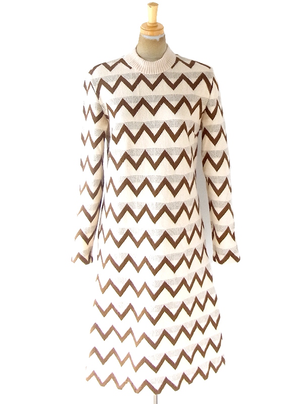 ヨーロッパ古着 ロンドン買い付け 70年代製 オフホワイト X ブラウン 山道柄 ウール ニット ワンピース 20OM407