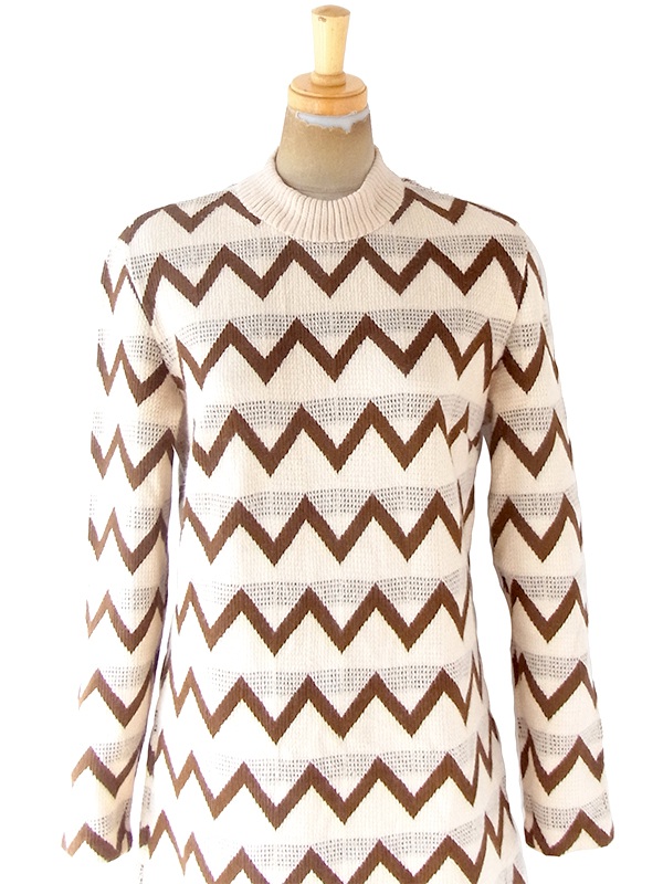ヨーロッパ古着 ロンドン買い付け 70年代製 オフホワイト X ブラウン 山道柄 ウール ニット ワンピース 20OM407