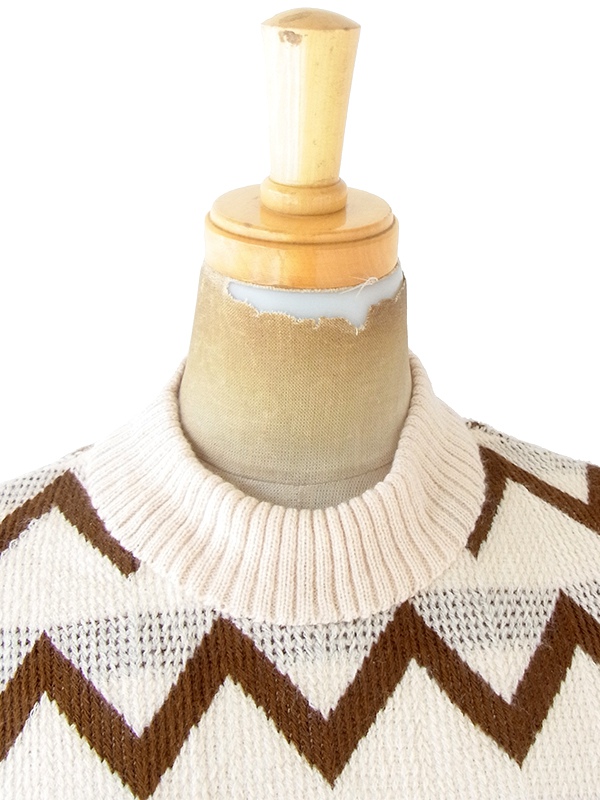 ヨーロッパ古着 ロンドン買い付け 70年代製 オフホワイト X ブラウン 山道柄 ウール ニット ワンピース 20OM407