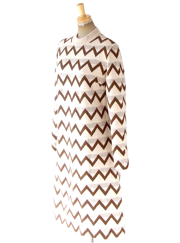 ヨーロッパ古着 ロンドン買い付け 70年代製 オフホワイト X ブラウン 山道柄 ウール ニット ワンピース 20OM407