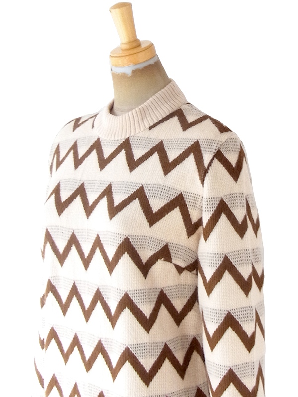 ヨーロッパ古着 ロンドン買い付け 70年代製 オフホワイト X ブラウン 山道柄 ウール ニット ワンピース 20OM407