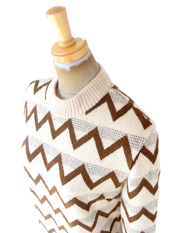 ヨーロッパ古着 ロンドン買い付け 70年代製 オフホワイト X ブラウン 山道柄 ウール ニット ワンピース 20OM407