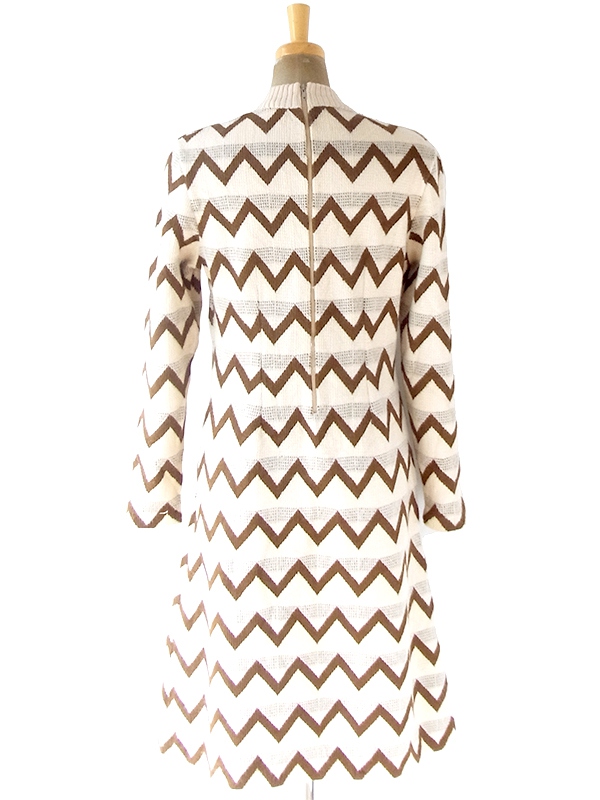 ヨーロッパ古着 ロンドン買い付け 70年代製 オフホワイト X ブラウン 山道柄 ウール ニット ワンピース 20OM407