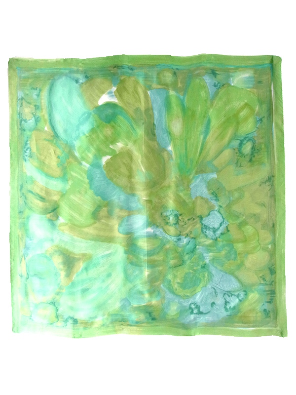 【ヨーロッパ古着】ロンドン買付 60年代製 若草色 水彩画のような花柄モチーフ シルク スカーフ 20UK08【レトロ】