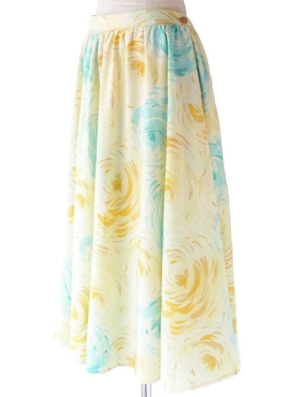 ヨーロッパ古着 ロンドン買い付け 60年代製 淡いレモン色  X 水色 バラモチーフプリント フレア スカート 21BS018