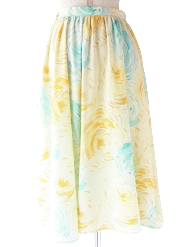 ヨーロッパ古着 ロンドン買い付け 60年代製 淡いレモン色  X 水色 バラモチーフプリント フレア スカート 21BS018
