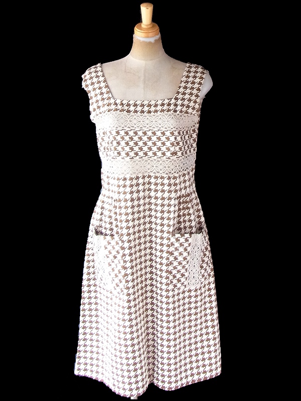 ヨーロッパ古着 ロンドン買い付け 60年代製 アイボリー X ブラウン 千鳥格子 レース ポケット付き ワンピース 21BS203