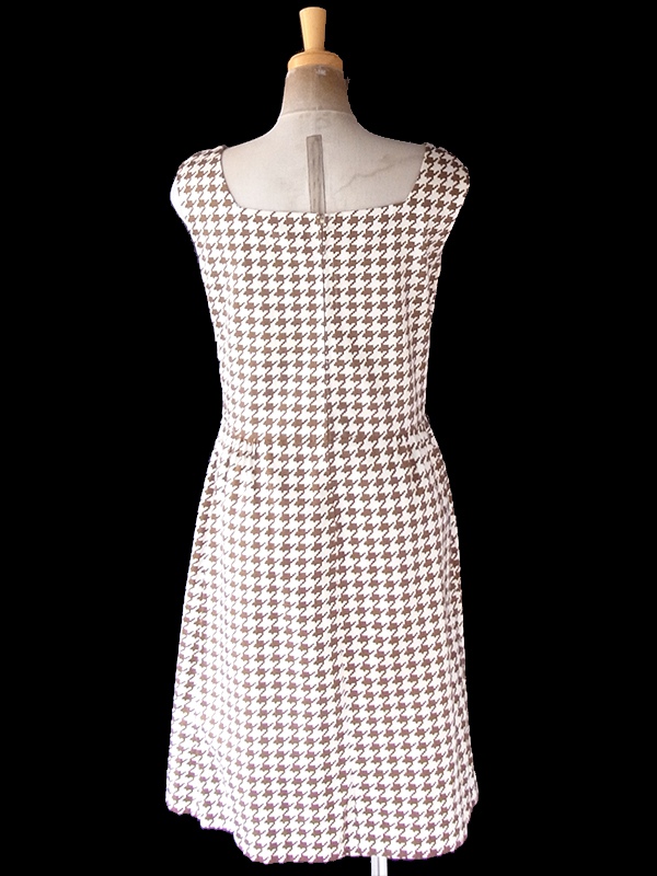 ヨーロッパ古着 ロンドン買い付け 60年代製 アイボリー X ブラウン 千鳥格子 レース ポケット付き ワンピース 21BS203