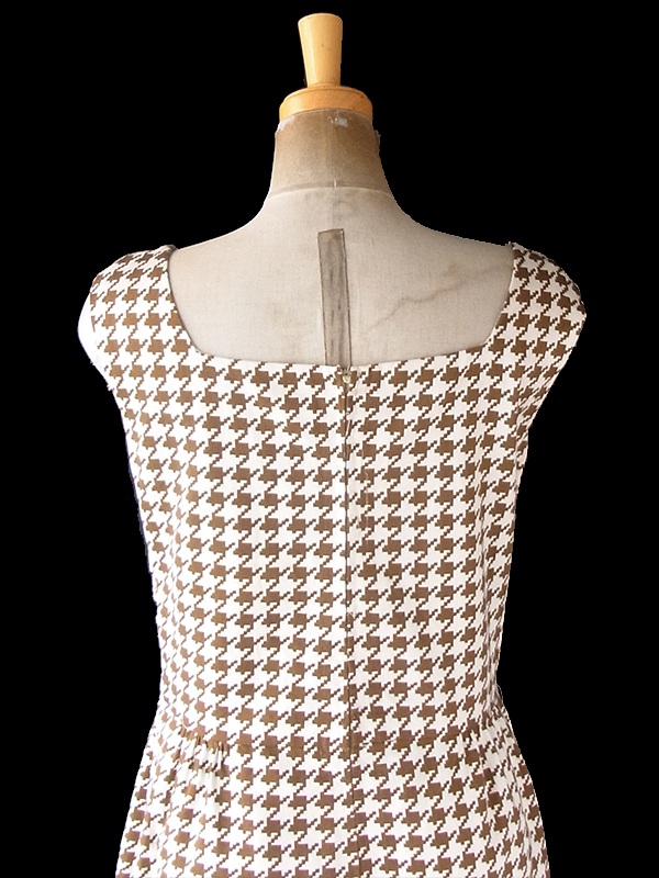 ヨーロッパ古着 ロンドン買い付け 60年代製 アイボリー X ブラウン 千鳥格子 レース ポケット付き ワンピース 21BS203