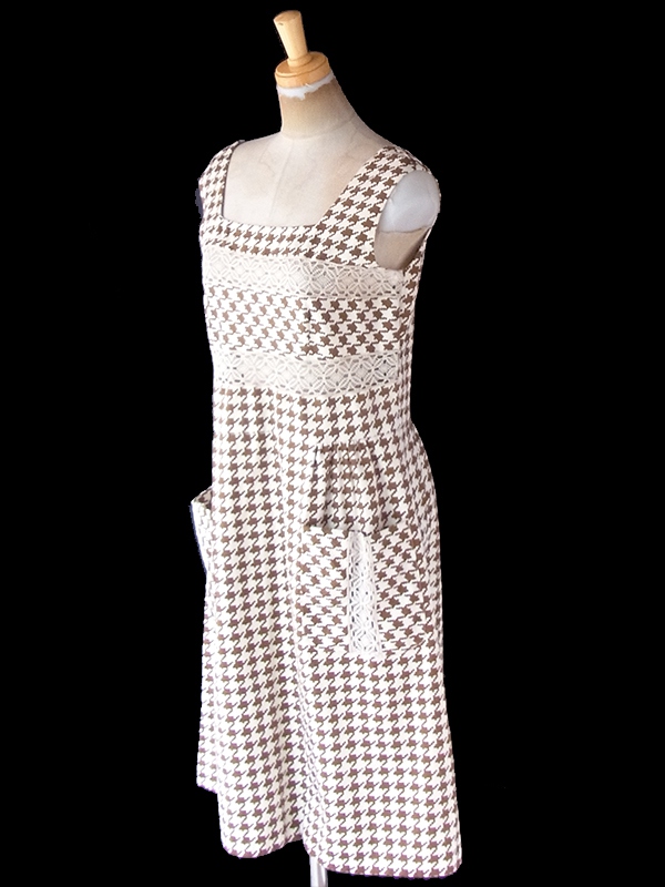 ヨーロッパ古着 ロンドン買い付け 60年代製 アイボリー X ブラウン 千鳥格子 レース ポケット付き ワンピース 21BS203
