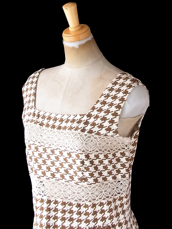 ヨーロッパ古着 ロンドン買い付け 60年代製 アイボリー X ブラウン 千鳥格子 レース ポケット付き ワンピース 21BS203