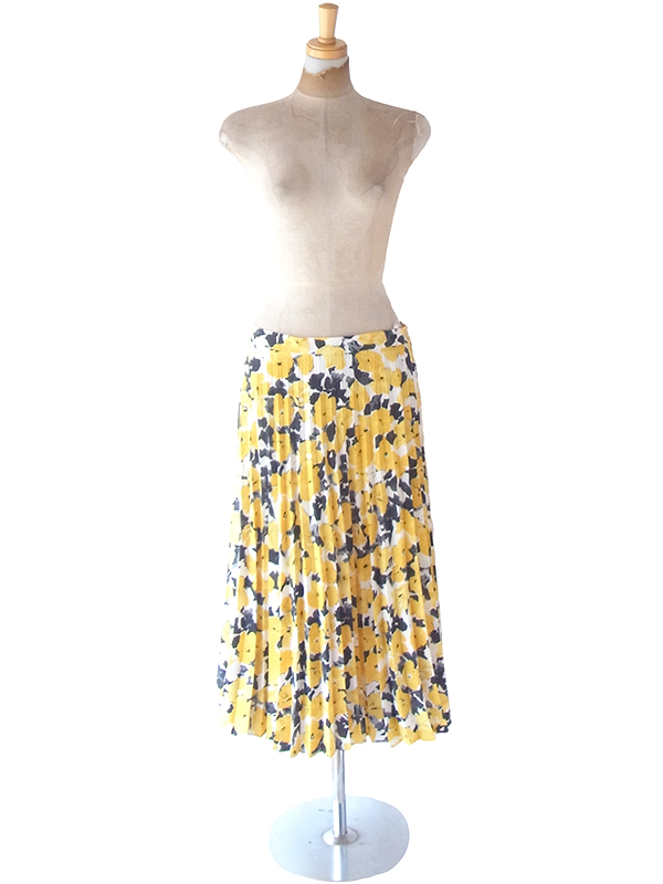 ヨーロッパ古着 ロンドン買い付け 70年代製 イエロー・ブラック 花柄 アンブレラプリーツ スカート 21BS233