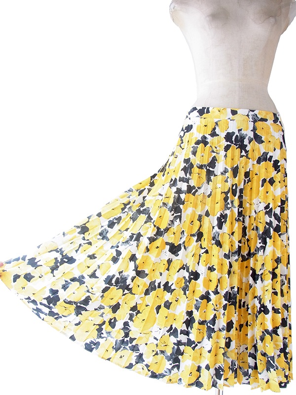 ヨーロッパ古着 ロンドン買い付け 70年代製 イエロー・ブラック 花柄 アンブレラプリーツ スカート 21BS233