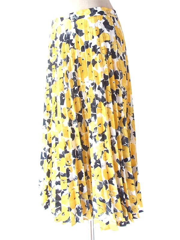 ヨーロッパ古着 ロンドン買い付け 70年代製 イエロー・ブラック 花柄 アンブレラプリーツ スカート 21BS233