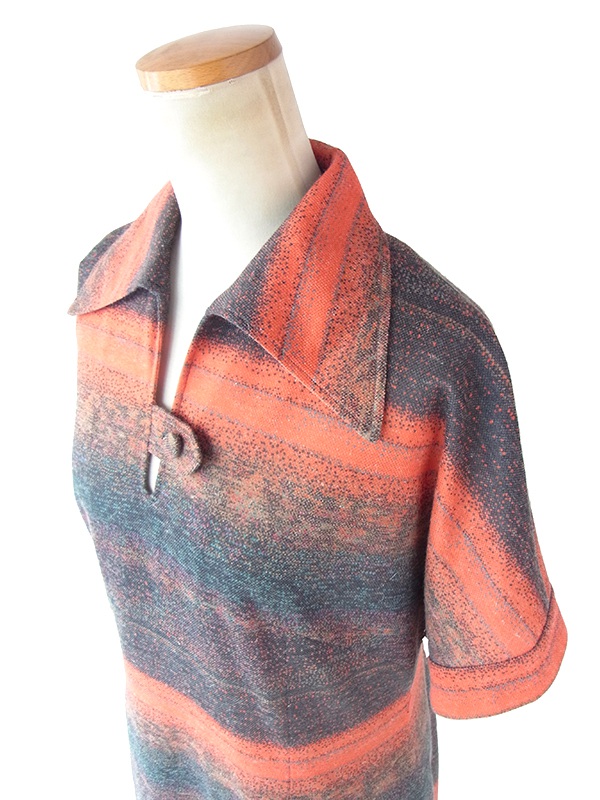 ヨーロッパ古着 ロンドン買い付け 70年代製 オレンジ　X グレイ・シアンブルー グラデーション ワンピース 21BS241